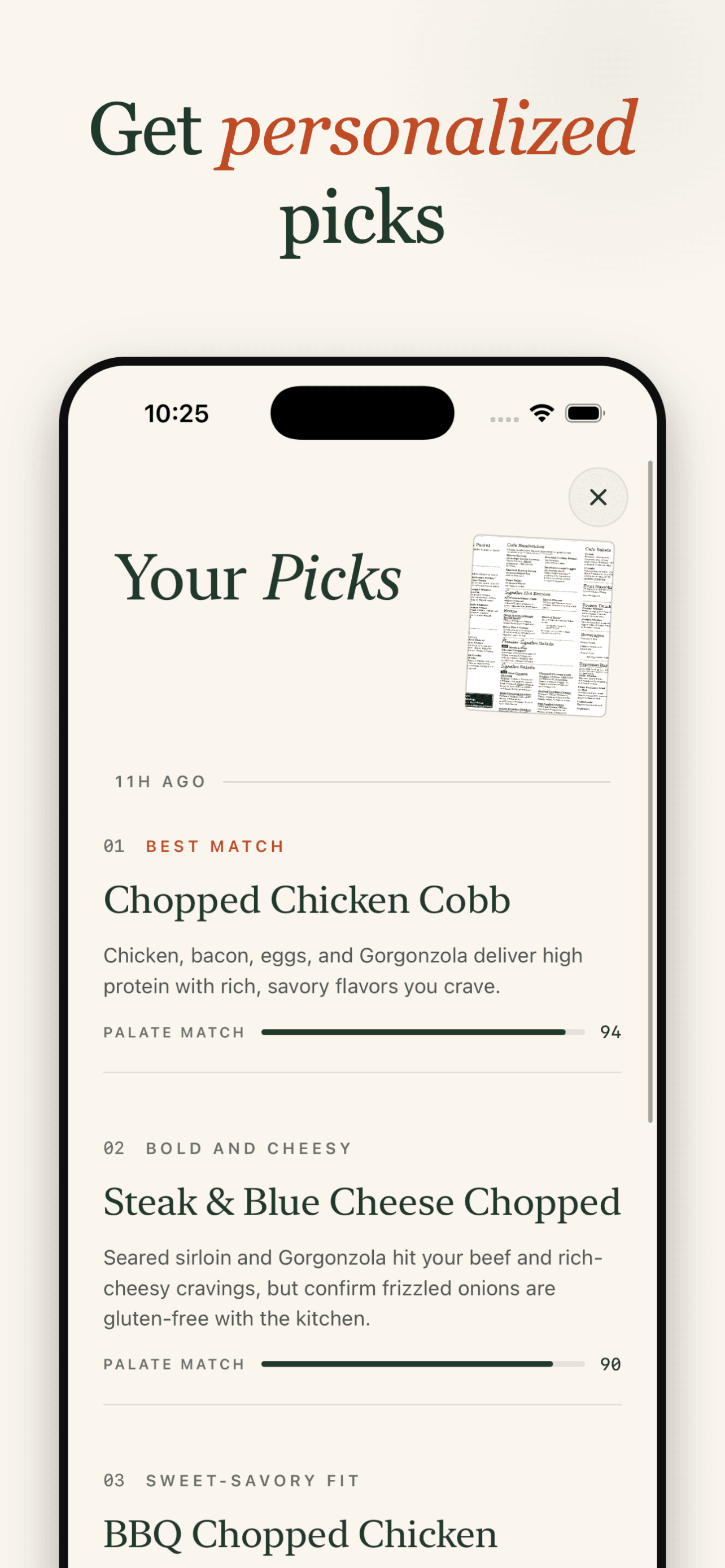 Ranked dish picks, each with a plain-language reason and a palate match score