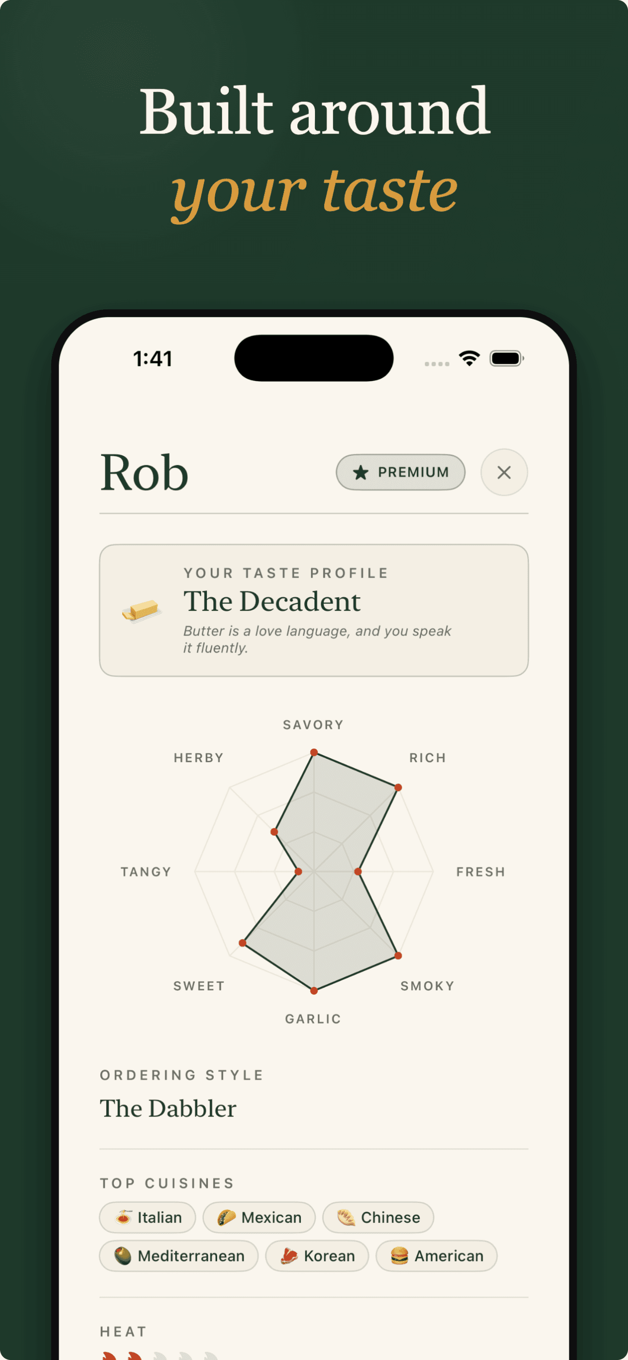A taste profile charted across eight flavour axes, with ordering style and top cuisines
