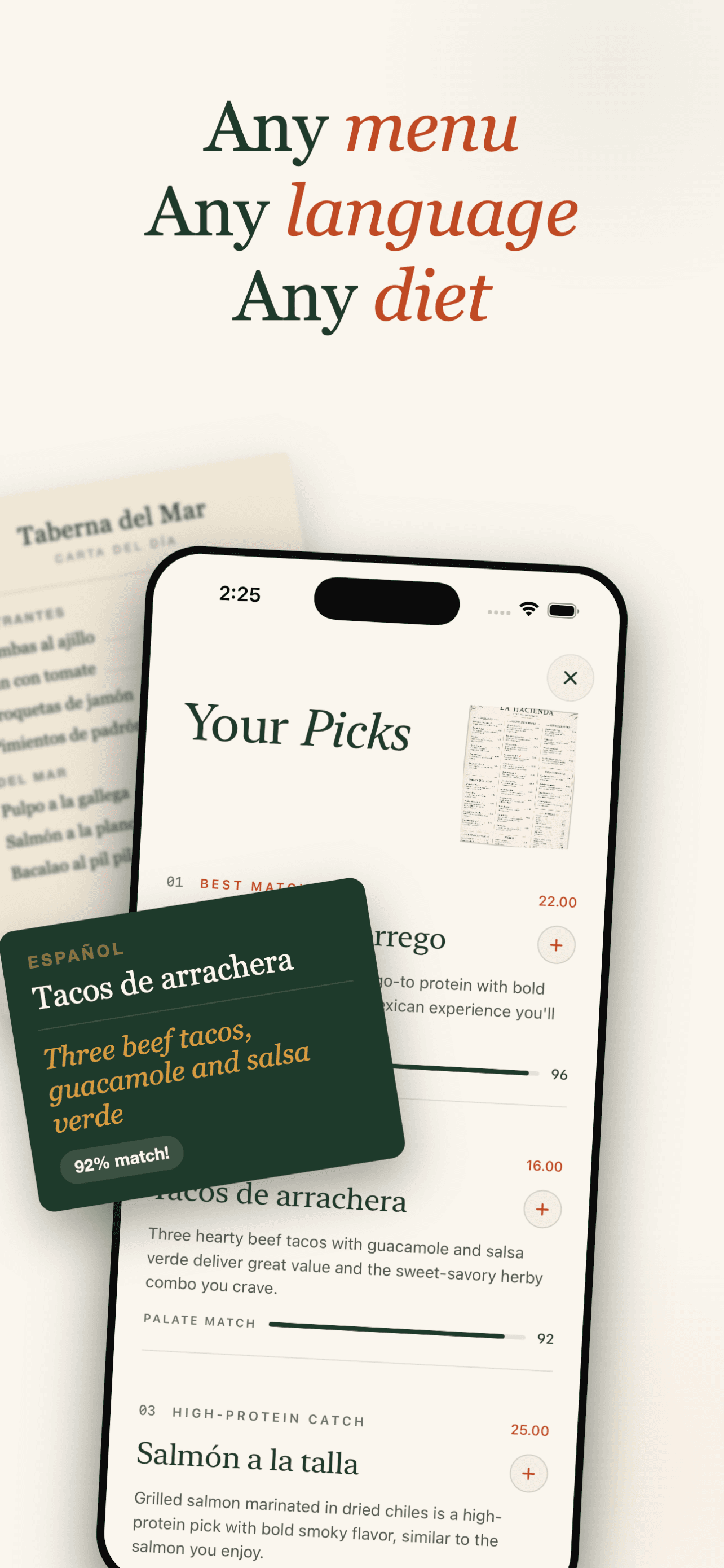 A Spanish menu translated into English picks, with the original dish name kept